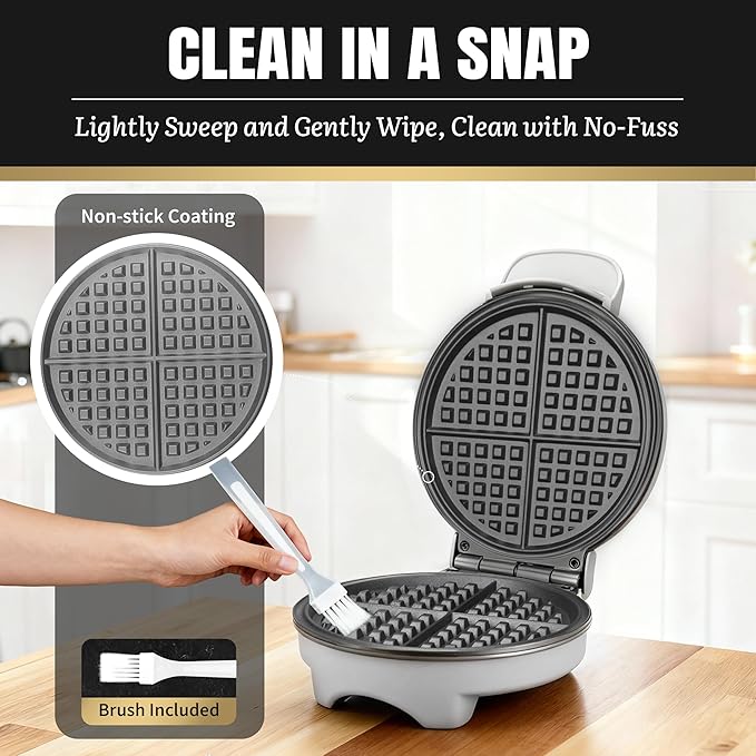 7 Inches Classic Waffle Maker Machine, Round Waffle Iron, Electric Waffle Maker with Non-stick Cooking Plates, Silver