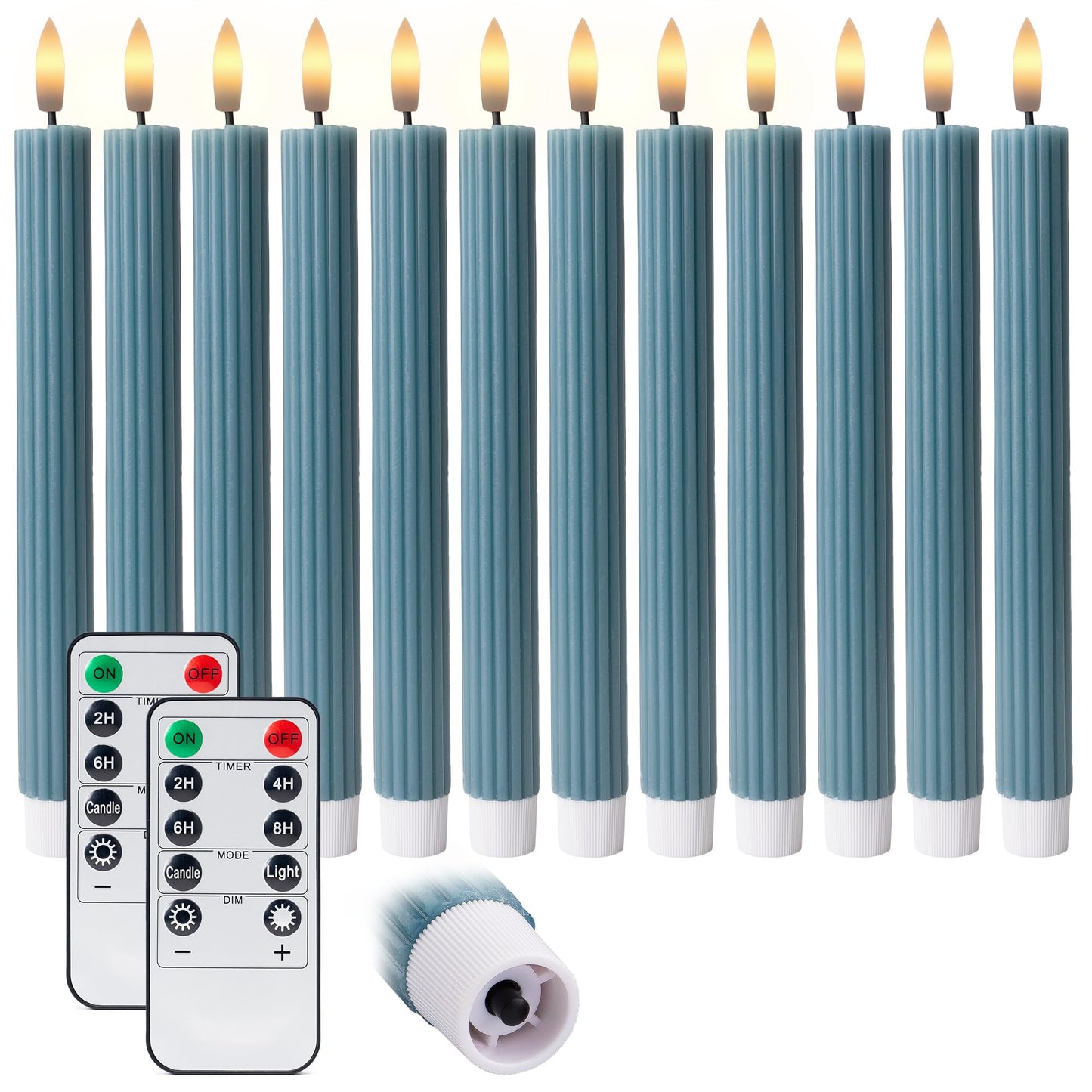 West Ivory 12 Pack, 10" LED Flameless Blue Fluted Ribbed Grooved Taper Candles with 2 Remotes & 24h Timer Memory, On/Off Button, Dimmable, Flicker Mode, Battery Operated, Christmas Menorah Wedding