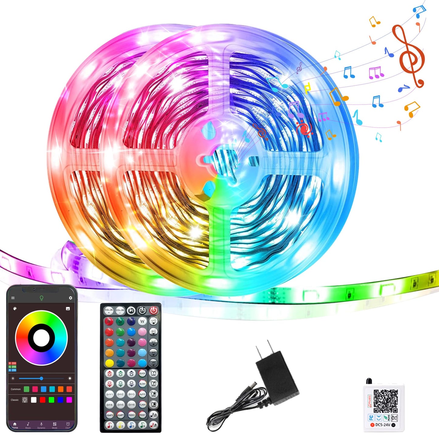 GANZQH LED Strip Lights 150FT, RGB Color Changing, Music Sync, Remote & App Control, Plastic, White, Model GAN-rgb007-3