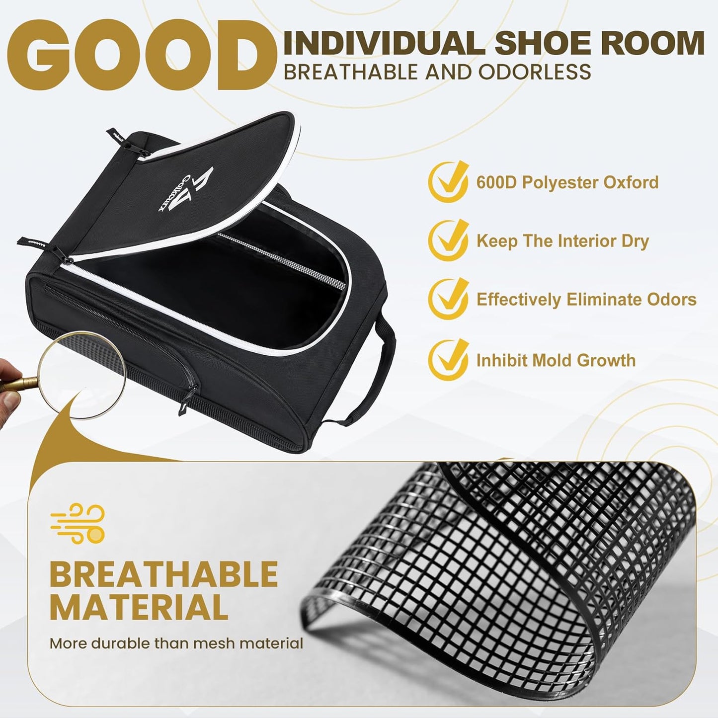 Golkcurx Golf Shoe Bag for Travel Zippered Sport Shoe Carrier Bags with Side Accessory Pockets for Socks, Tees, Golf Balls（Black）
