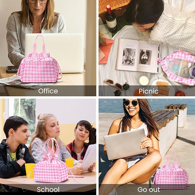 MEXS Lunch Bag for Women Reusable Drawstring Insulated Lunch Box Plaid Stain-Resistant Large Cinch Closure Lunch Bags for Picnic
