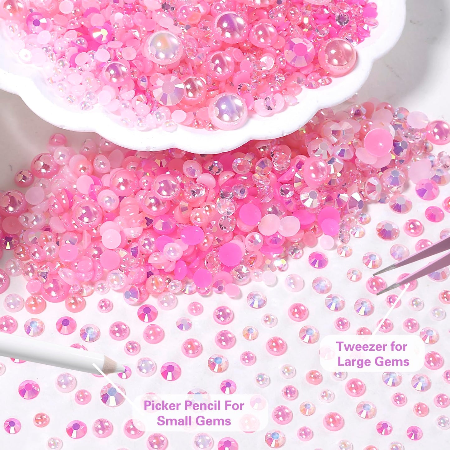 9000 Pcs Pink Colors Flatback Pearls and Rhinestones for Crafts, 3/4/5/6mm Jelly Resin Rhinestones, Mixed Size 3/4/6/8mm Half Pe