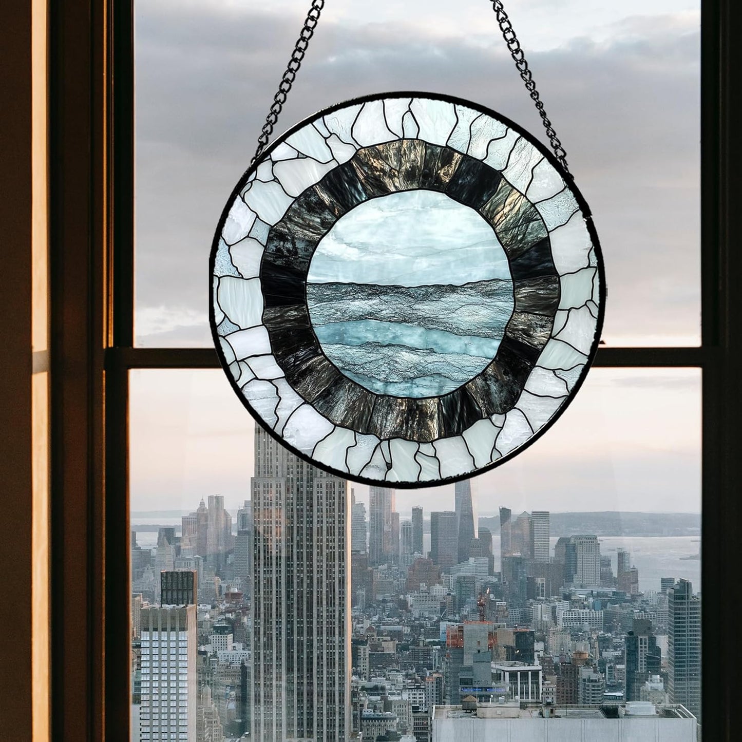 Stained Glass Window Hanging - Abstract Sea Surface Suncatcher for Doors Garden Patio Round Sun Catchers Decor Christmas Mother's Day Birthday Gifts for Women Men Mom Nana Friend 15 in