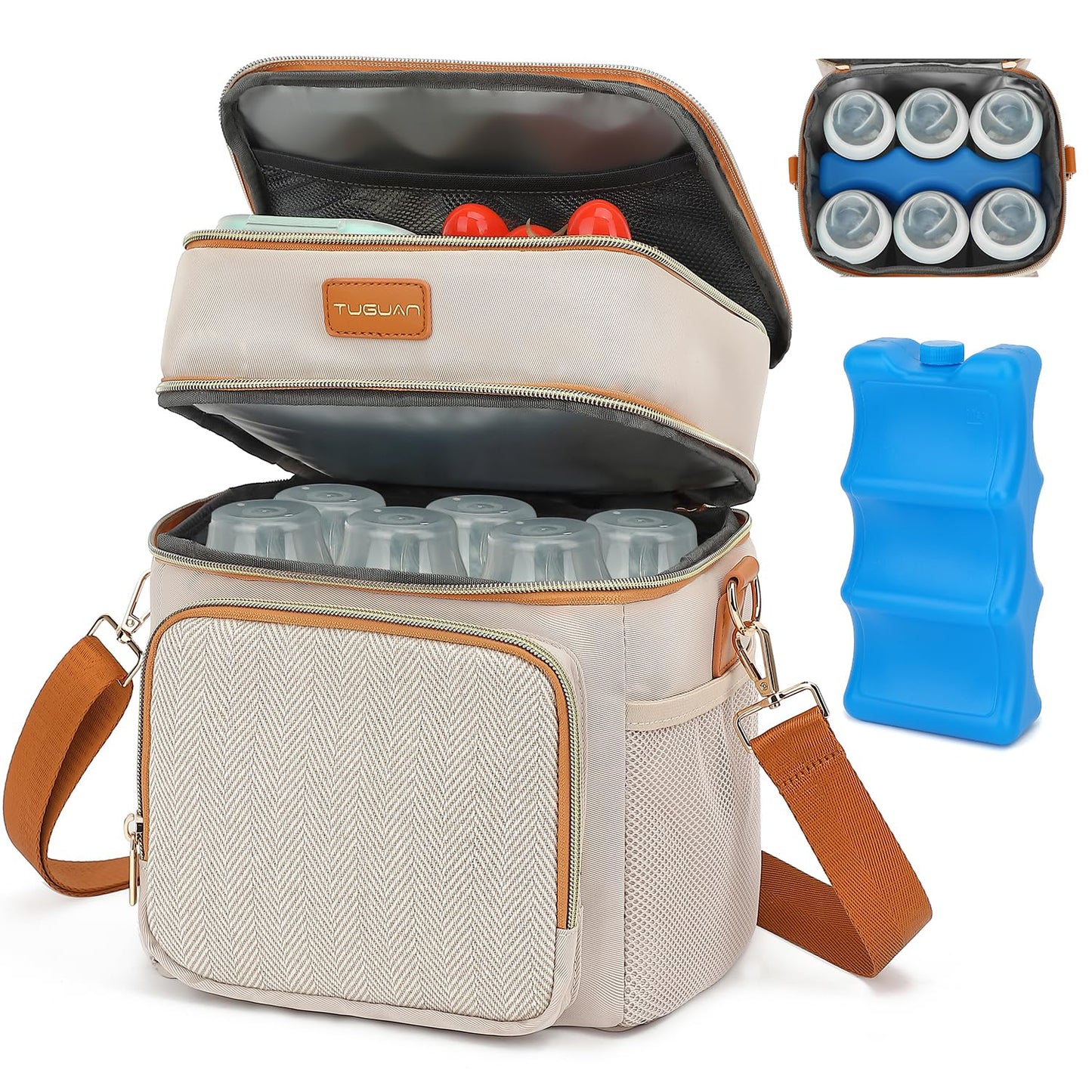 Double Layer Breastmilk Cooler Bag with Ice Pack Insulated Travel Bag for Baby Bottle Breast Milk Storage & Feeding Fits 6 Bottles Up to 9 Ounces Portable Leakproof Bottle Bag for Travel Daycare Beige