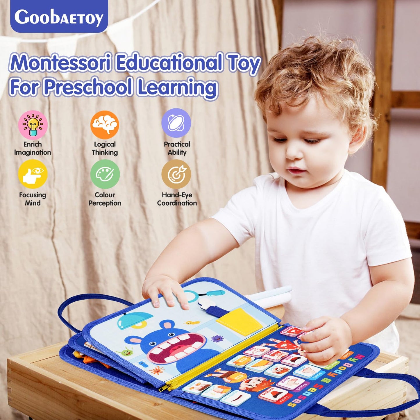 Goobaetoy Montessori Busy Board Boy, Toddler Toys for 1 2 3+ Year Old Boy, Toddler Busy Book Educational Learning Sensory Activity Toys for Road Airplane Travel for Kids with Autism