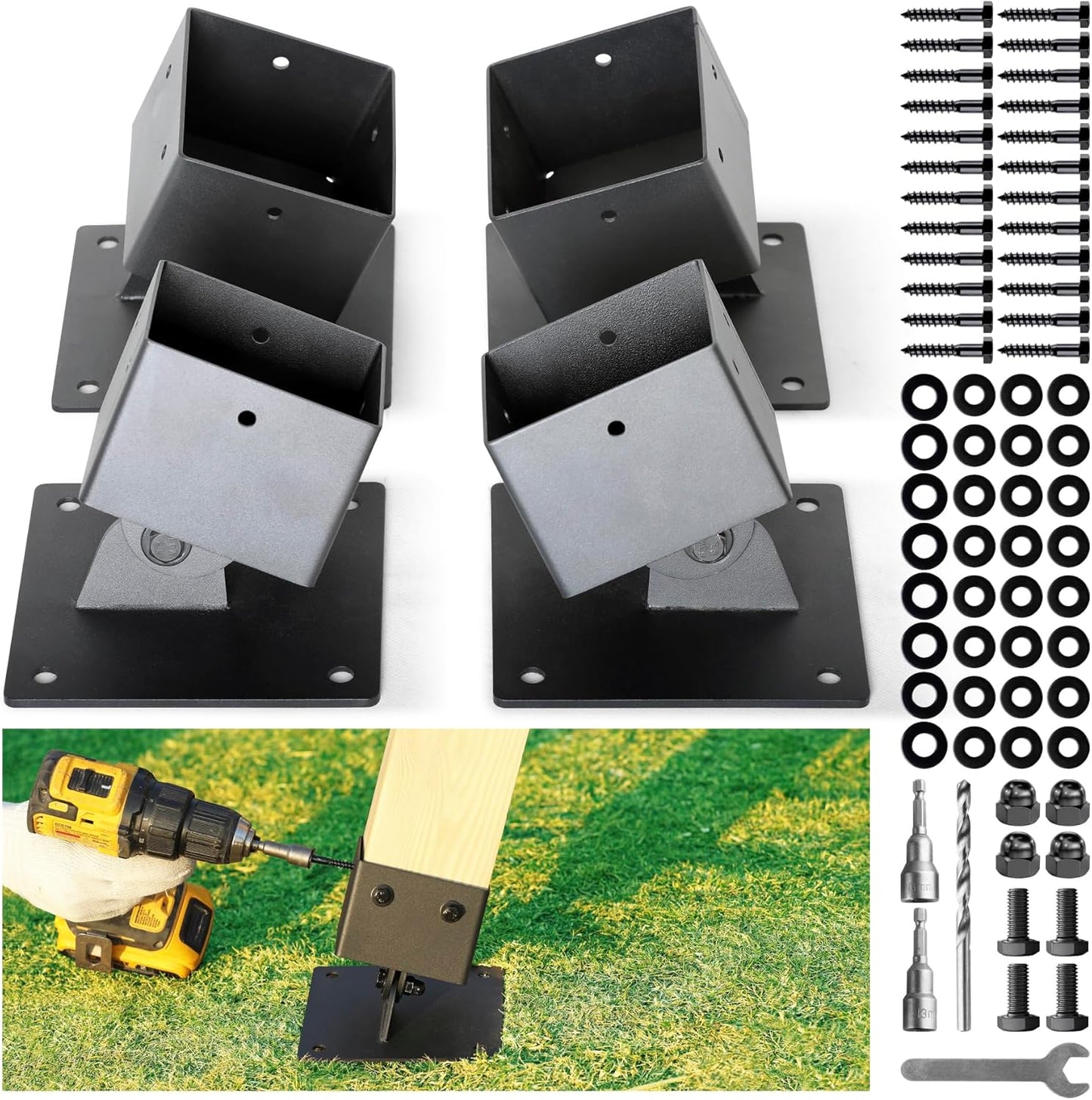 Hulave 201 Stainless Steel Swing Set Anchor Leveling Kit, Swing Set Leveling Base Bracket, Fits 4 x 4 (Actual Size 3.5" x 3.5") Wood Legs, Avoids Moisture to Protect Wooden Legs (4pack - Black)