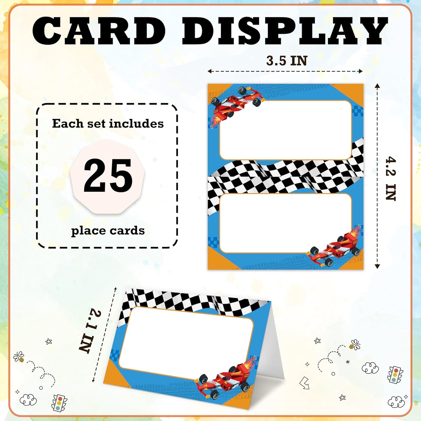 Race Cars Place Card For Boys, Racing Car Name Cards For Table Setting, Cars Party Favors Supplies, Car Tent Card Decorations For Baby Shower Kids Birthday Events, Easy Folding, 25 Pack Cards -01