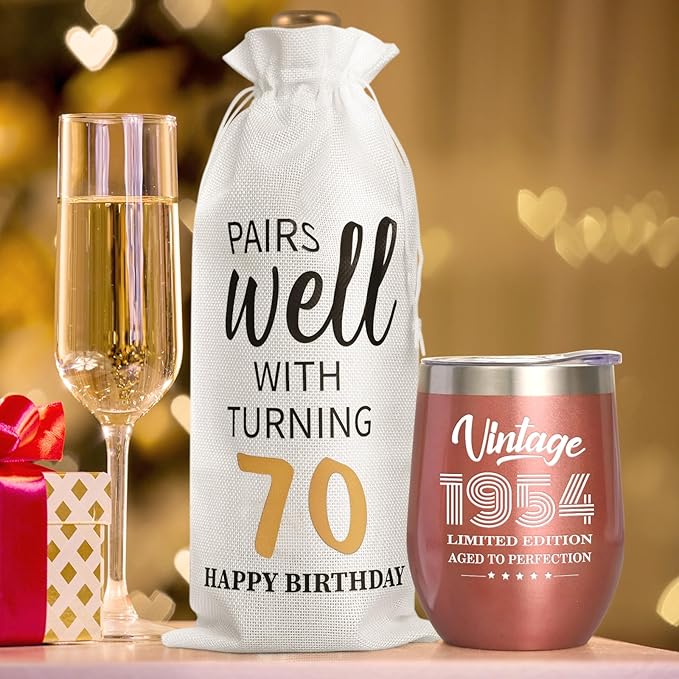 Lifecapido 70th Birthday Gifts for Women, Vintage 1954 Limited Edition Insulated Wine Tumbler with Wine Bag, 70 Year Old 70th Birthday Presents Christmas Gifts for Mom Grandma Wine Lover, 12 oz