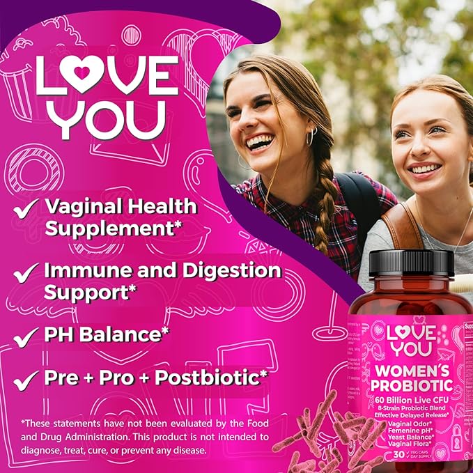 Love You Womens Probiotic, Ph Balance, Ut, Feminine, Vaginal Health Supplement, Digestive, Pre + Pro + Postbiotic, Delayed Release, 60 Billion Live CFU, 8-Strain Probiotic Blend, 30 Veg Caps Servings