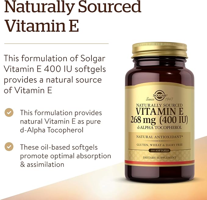 Solgar Vitamin E 268 mg (400 IU), 360 Alpha Softgels - Natural Antioxidant, Skin & Immune System Support - Naturally-Sourced Vitamin E - Gluten Free, Dairy Free - 360 Servings