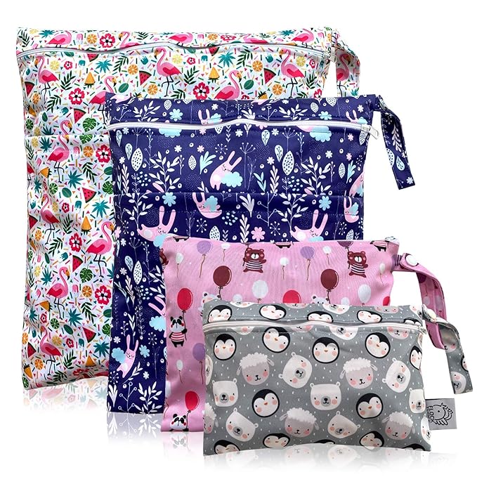 FLOCK THREE 4pcs Waterproof Wet Bag Reusable for Wet Clothes Baby Diapers Stroller Swimsuit Travel Reusable toiletries Pouch Small and Larger Electronics case 4 Pack (Windy Days)