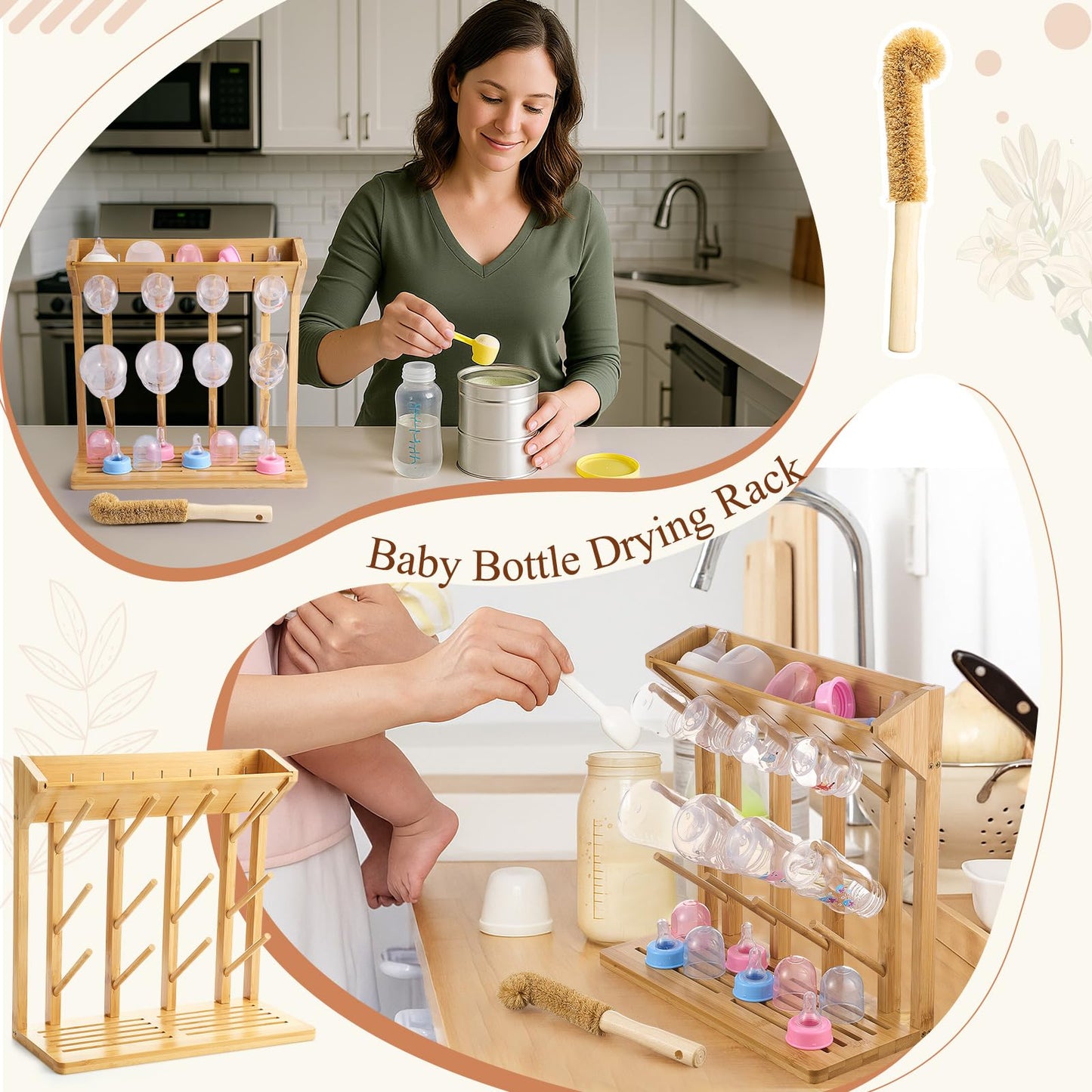 Geelin Bamboo Baby Bottle Drying Rack for 12 Bottles Large Vertical Baby Bottle Dryer Holder with Wooden Clean Brush Coconut Fibre Brush for Saving Space Busy Parents Quick Drying Easy Cleanup Storage