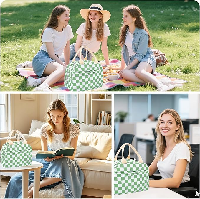 Cotton Quilted Insulated Lunch Bag, Cute Quilted Floral Lunch Tote Bags Reusable Insulated Lunch Box Coquette Aesthetic Large Capacity Insulated Cooler for Women Work Travel Picnic (Checkered Green)