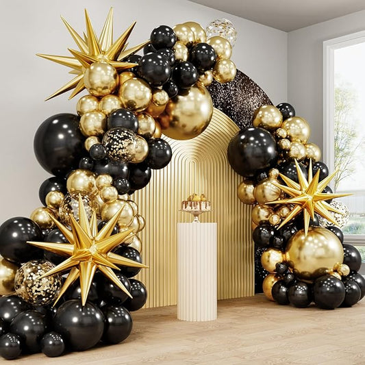 RUBFAC 140pcs Black and Gold Balloons, Black Metallic Gold Confetti Star Latex Balloons 5 10 12 18 Inch for 2026 New Year ...