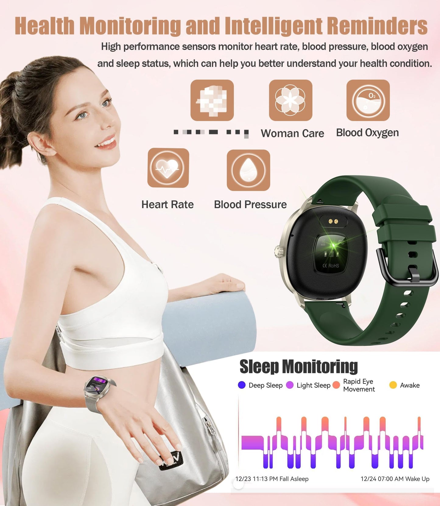 Women's Smart Bracelet/Smart Watch, 1.72-inch Display, IP68 Waterproof Sport Bracelet, One-Touch Bluetooth Calling, Fitness Tracker with Health Monitor (Champagne Gold)