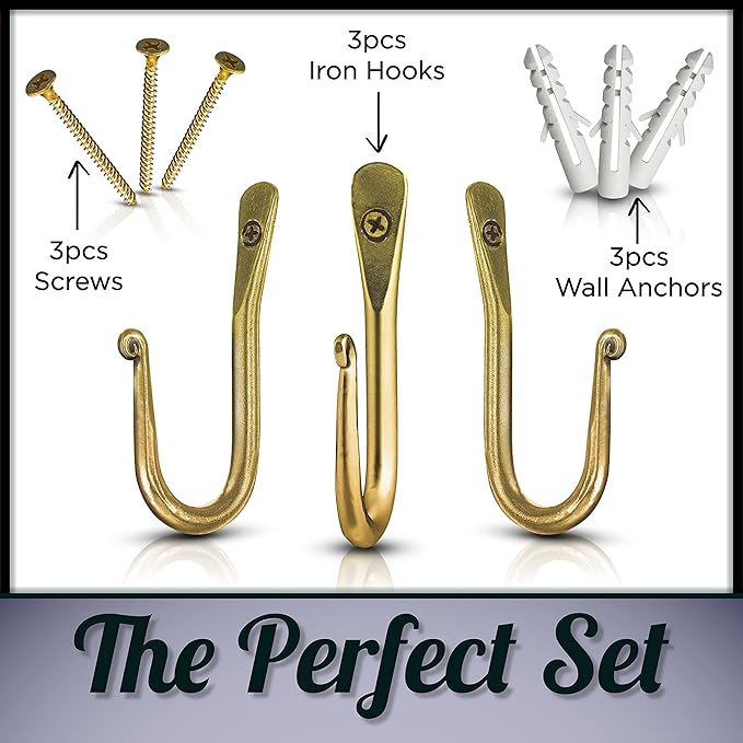 Wall Mounted Hook - Wrought Iron Decorative Blacksmith Handmade Simple Hook For Bathroom and Kitchen, Sturdy Hooks For Hanging Robes, Towels, Coats, cloths, Bags, Keys and Jewelries - Pack of 3 (Gold)