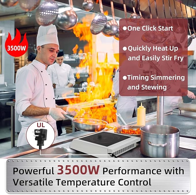 Induction Cooktop 208-240V 3500W Commercial Induction Burner Dual IGBT Modules 8 Heating Level Sensor Push-Button Premium Stainless Steel Housing Crystal Glass Electric Cooktop（Black）