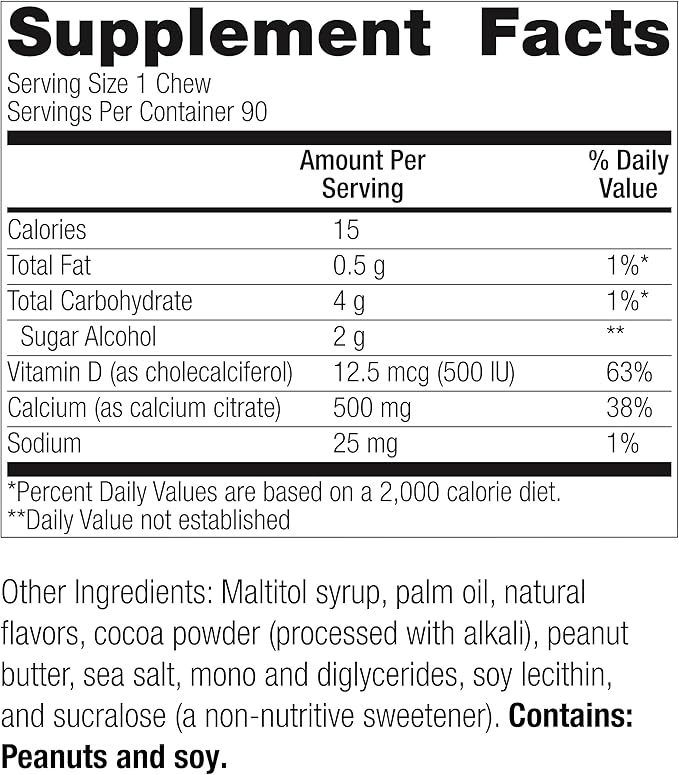 Bariatric Advantage Calcium Citrate Chewy Bites 500 mg - for Bariatric Surgery Patients - Vitamin D3 - Sugar-Free Chewable Calcium Supplement - Bariatric Chews - Peanut Butter Chocolate - 90 Count