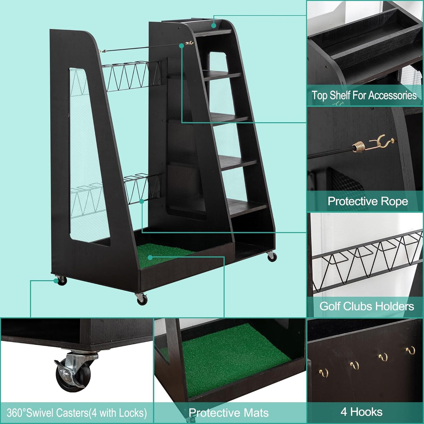 Wooden Golf Bag Organizer and Storage Rack, Wooden 2 Golf Bag Rack with Drawers, Easy to Assemble Golf Club Holder/Stand with Club Holders on Side