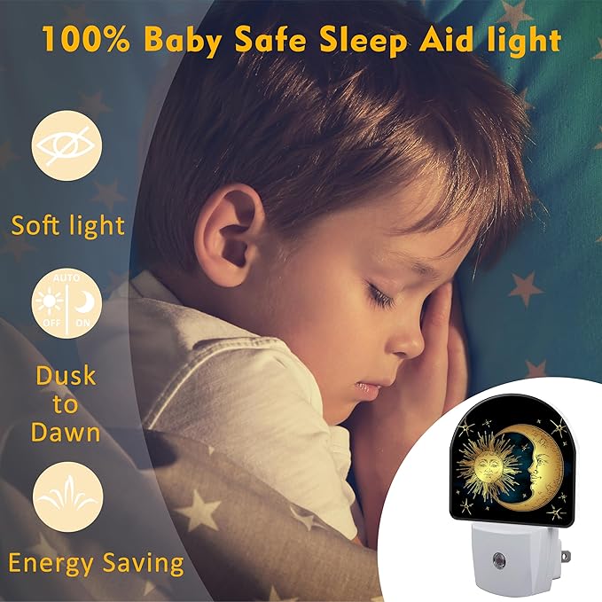 Crescent Moon and Stars Night Light Plug into Wall,Boho Sun Moon Dusk to Dawn Night Light Plug in,0.5w Energy Saving Sleep Friendly NightLight for Kids Boys Girls Home Decor