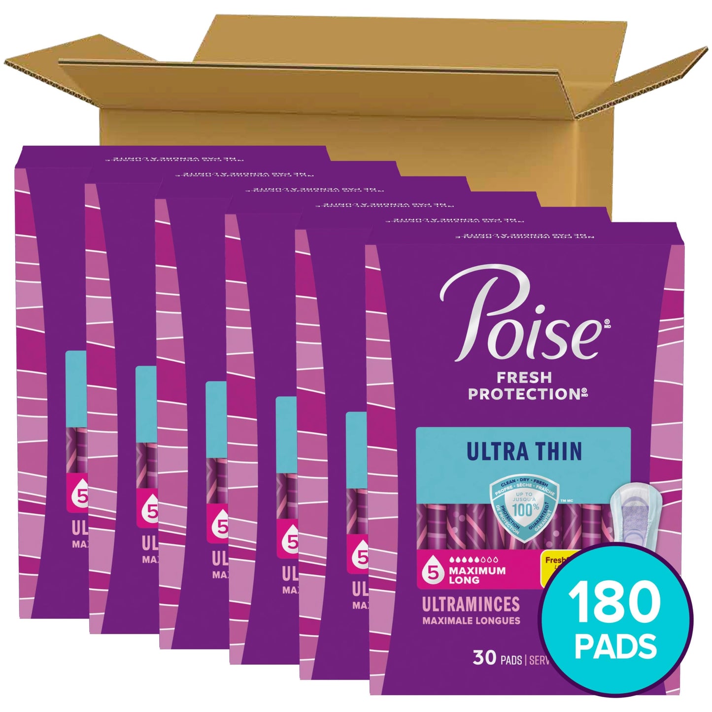 Poise Ultra Thin Incontinence Pads & Postpartum Pads for Bladder Leaks, 5 Drop Maximum Absorbency, Long Length, 180 Count, Packaging May Vary