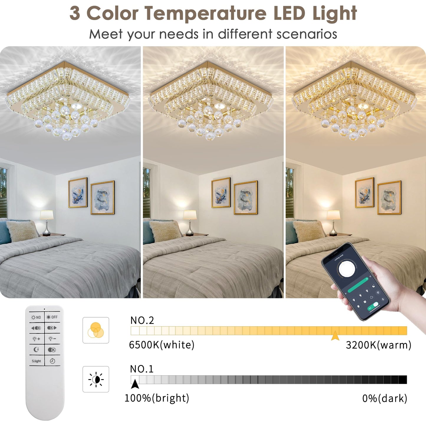 REDSTAR 18in Gold Crystal Flush Mount Ceiling Light, K9 Crystal & Stainless Steel, Remote & APP Control, Model A228-18in-GD