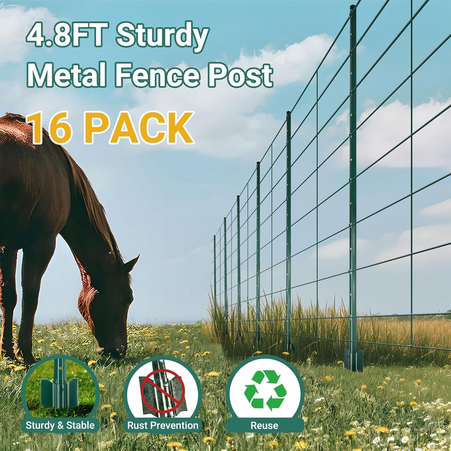 Fence Posts 4.8 Ft - 8 Pack, Heavy Duty Metal Fence Post, No Dig U Post for Farm, Garden, Orchard and Outdoor Wire Fencing (Green)