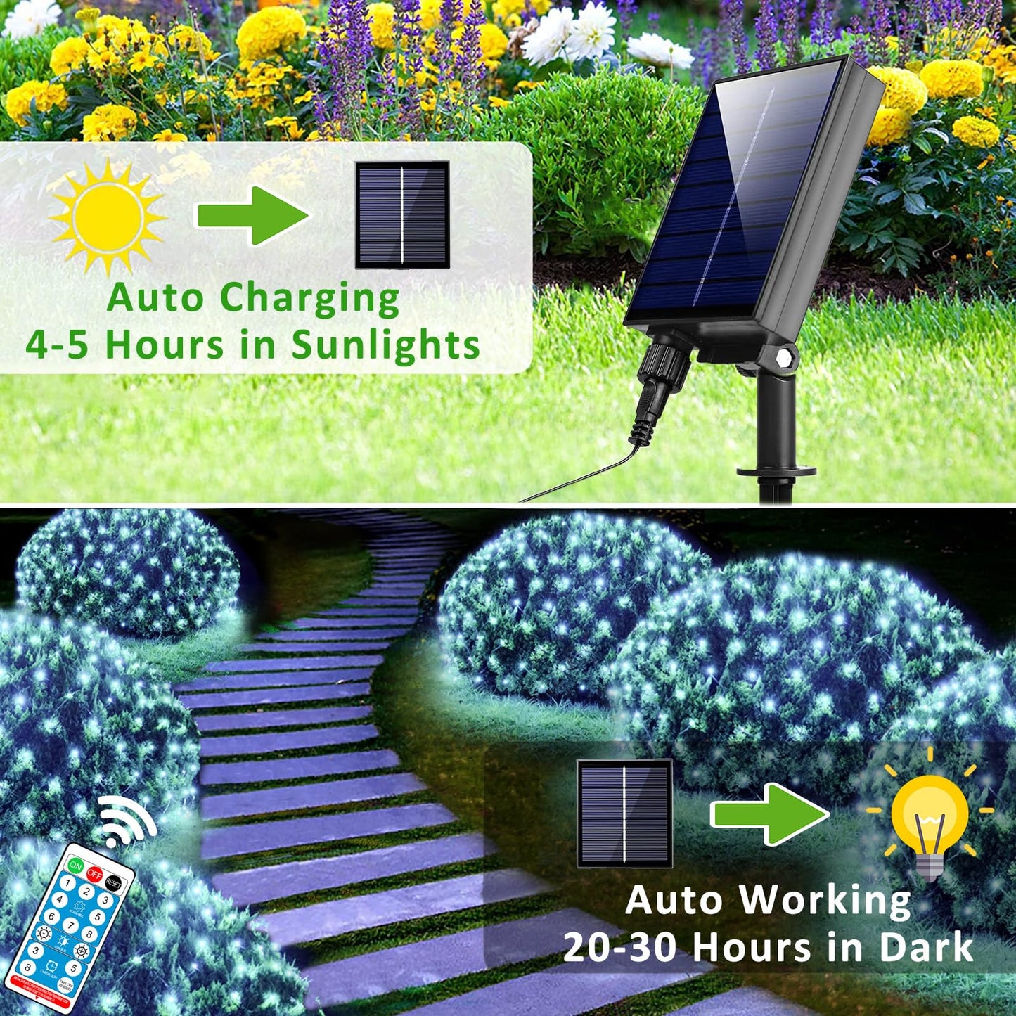 HEYCOLOR Solar Net Lights, 360 LED Cool White Mesh String Light, 21ft x 5ft, Waterproof, Green Wire, Remote Control
