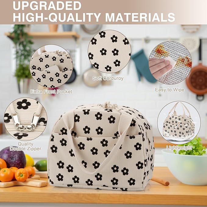 Lunch Bag - Insulated Lunch Box for Women, Reusable Large Capacity Cooler Bag for Adult, Small Leakproof Cute Corduroy Lunch Tote for Work Office Travel Picnic (Corduroy Black-Flower)