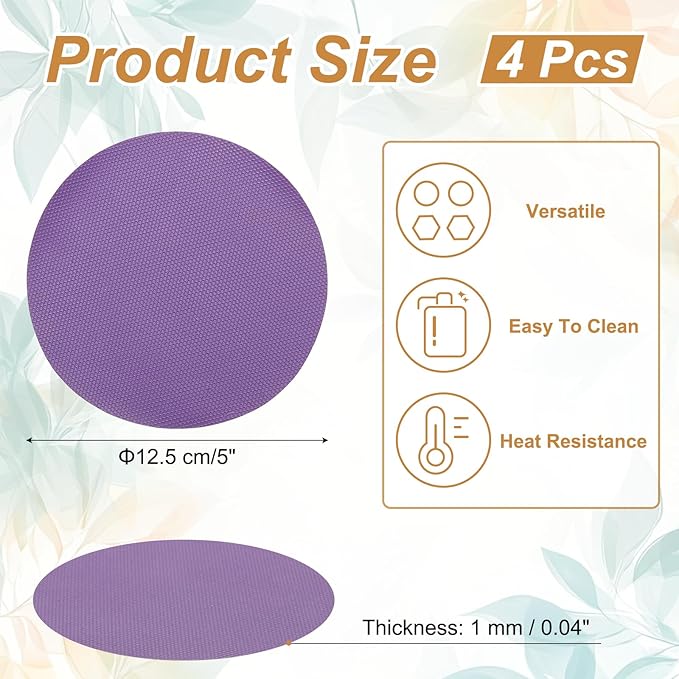 uxcell 4pcs Silicone Jar Opener Pads, 12.5cm/5" Texture Can Opener Multipurpose Round Bottle Lid Opener Non-Slip Coasters for Weak Hands Seniors Children, Purple