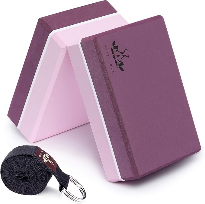 Heathyoga Yoga Blocks 2 Pack with Strap, High Density EVA Foam Yoga Block and Yoga Strap Set to Support and Improve Poses ...