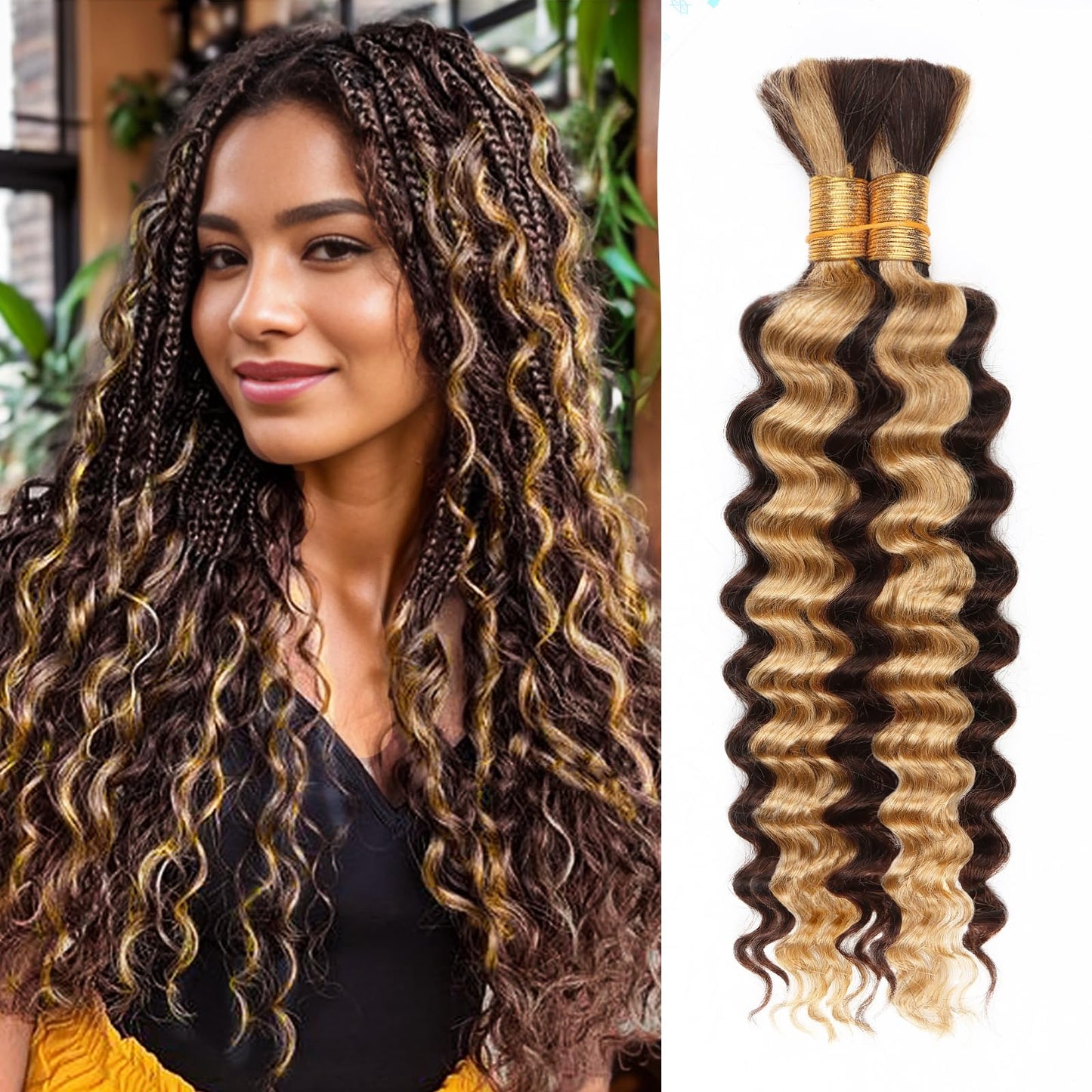 4/27 Honey Blonde Human Braiding Hair Deep Wave Bulk,Highlight No Weft Curly Braiding Hair Extensions for Boho Braids Wet and Wa