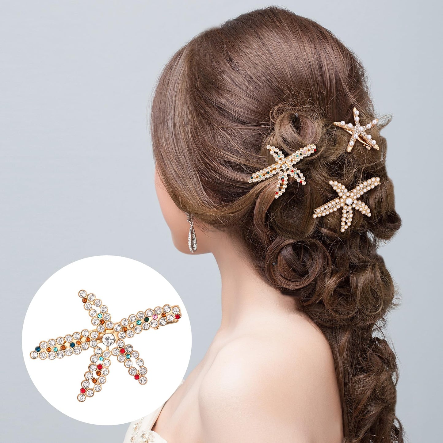 PAGOW 3 PCS Starfish Hair Clips, Gold Pearls Colorful Rhinestone Hair Clips, Crystal Sea Star Ponytail Holder, Faux Pearl Crysta