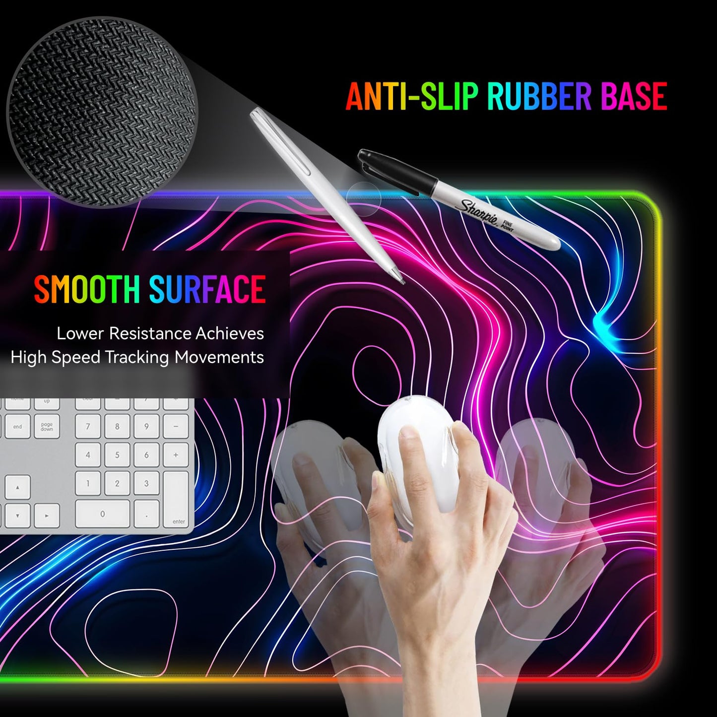 Stanoha RGB Mousepad LED Desk Mat Gaming Large Keyboard Cute Desktop Computer Laptop 14 Light XXL Long Giant Big Cool Modern Design Unique for Men Boys Gamer Oversized Wide 30x12'' Mousepad, Topo