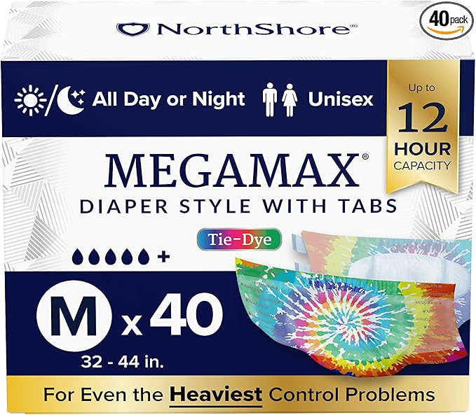 NorthShore MegaMax Adult Overnight Diapers, 12-Hour Tab-Style, Medium, 40 Count Case, Tie-Dye, 32-44 inches, Unisex Incontinence Underwear