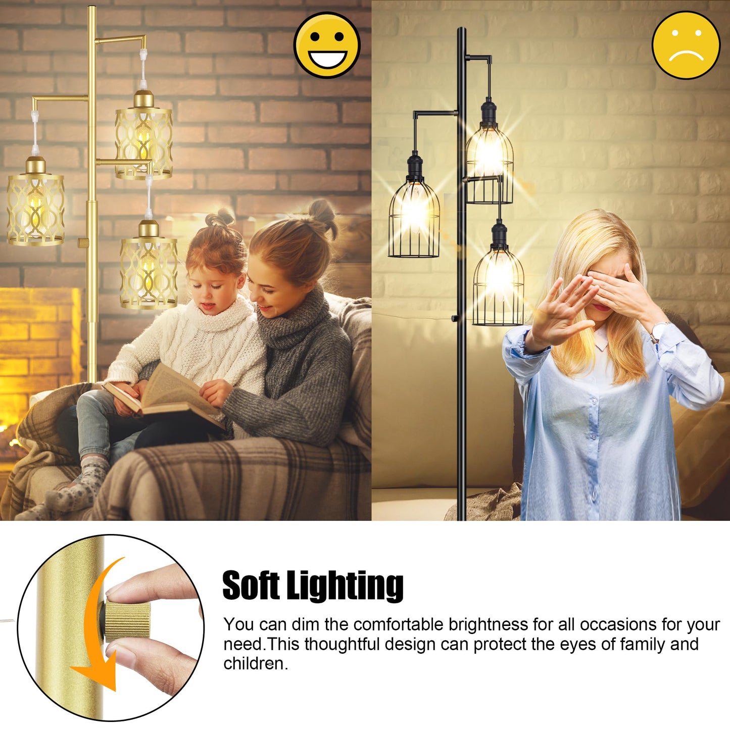 Rottogoon 68 Dimmable Gold Floor Lamp, 3-Light Rustic Design With Metal Shade, Includes 3X 6W E26 Bulbs, Model Rodlldd243