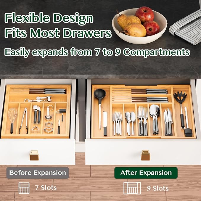 Bamboo Silverware Drawer Organizer, Expandable 13" to 20" Wide Kitchen Utensil Holder with 2 Knife Blocks, 7-9 Slots Cutlery Tray for Flatware (Natural)