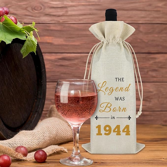 80th Birthday Gift for Grandma Grandpa Wine Bag Gifts for 80 Year Old Woman Men Birthday Wine Gift Bag 1944 80th Birthday Gifts for Mom Dad Christmas Gift Drawstring Wine Wrap Bag Burlap Wine Cover