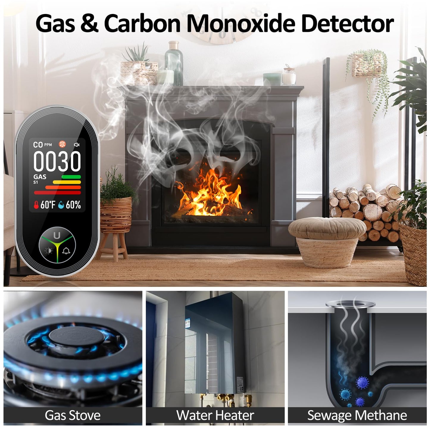 4-in-1 Carbon Monoxide Detectors & Natural Gas Leak Detector Plug in, Combination CO Detector & Combustible Gas, LPG, Methane, Propane Alarm with Fahrenheit(°F) & Humidity(1 Pack)