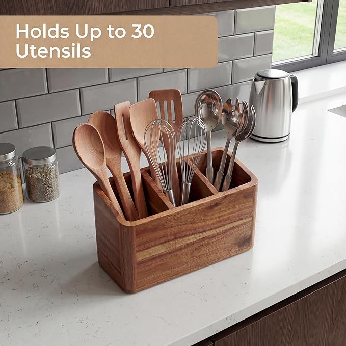 Dstuff Large Kitchen Utensil Holder Organizer for Counter or Countertop, Large Wooden Utensil Holder for Storage Cooking and Silverware with 3 Compartment, Acacia Rustic Wood Container Extra Large