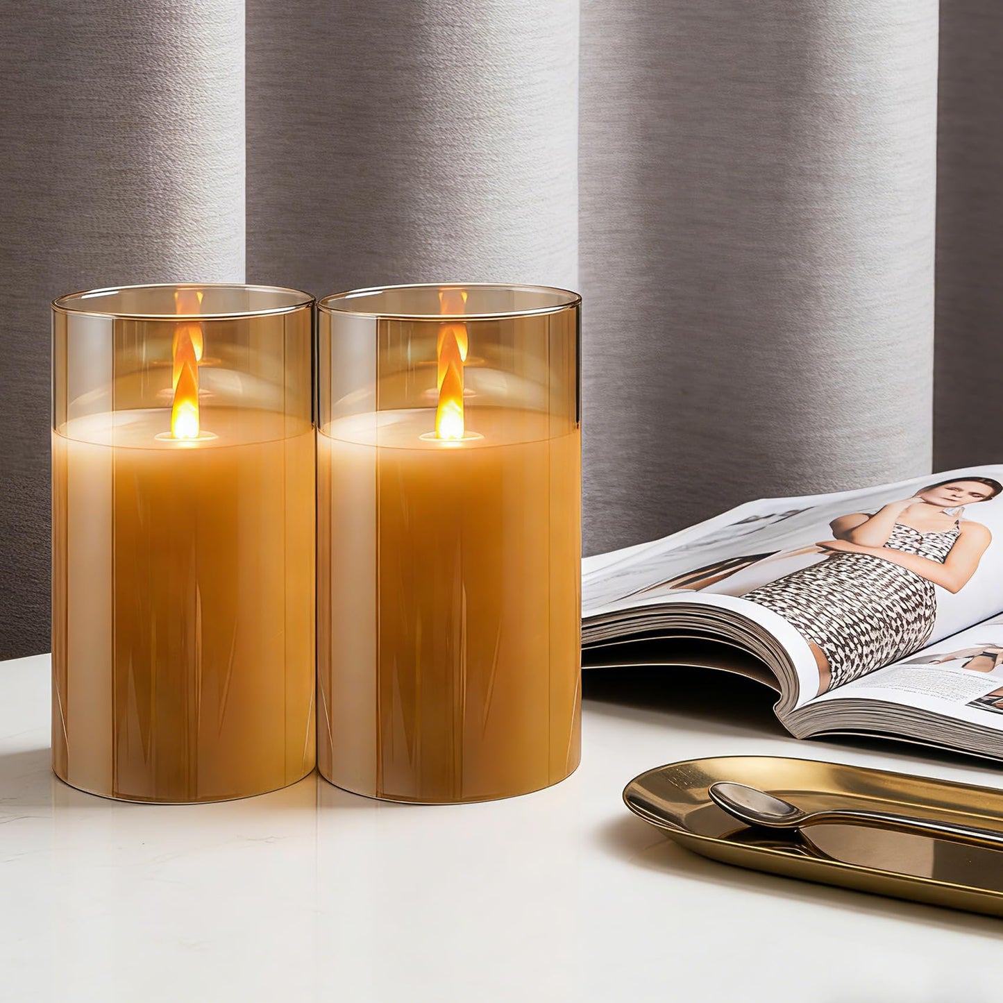 haitanghua 2 - Pack 6" Golden Rechargeable Flameless Pillar Candles with Remote & Timers，USB-Rechargeable Realistic Flickering Candles Real Wax - Ideal for Wedding & Festival Home Decoration