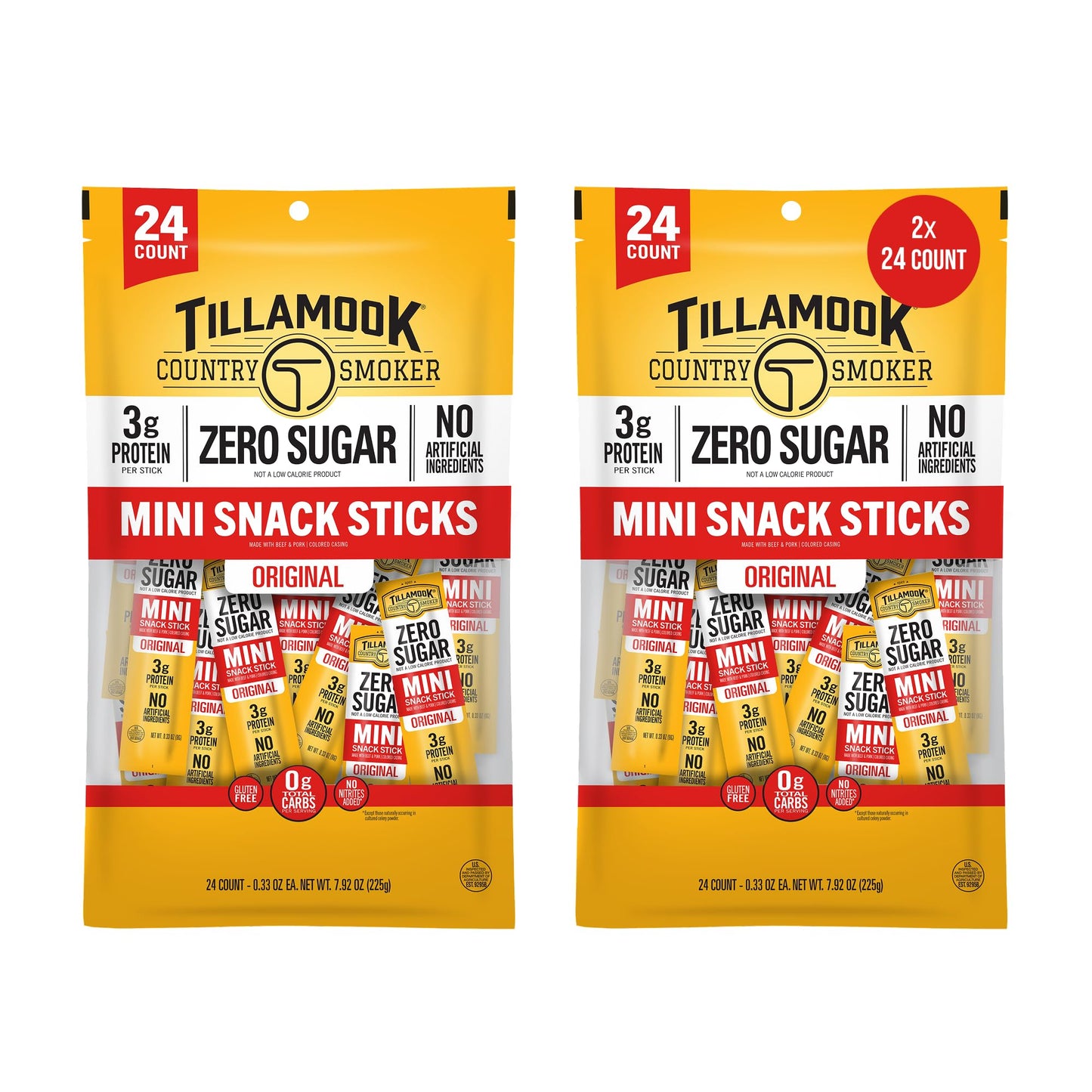 Tillamook Country Smoker Zero Sugar Original Mini Smoked Sausages  0.33 oz  48 Ct  Individually Wrapped Beef Sticks for Afternoon Snacks  Lunchboxes  Travel  Real Hardwood Smoked