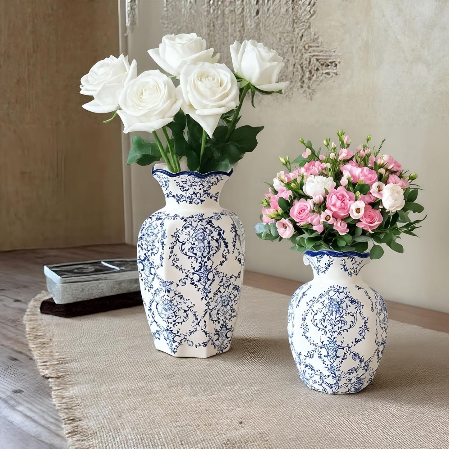 Chinoiserie Vase,Blue and White Vase,Vintage Ceramic Vases,Flower Vase for Centerpiece,Chinese Cute Vases for Living Room, Office,Home Decor (Blue White, Large)