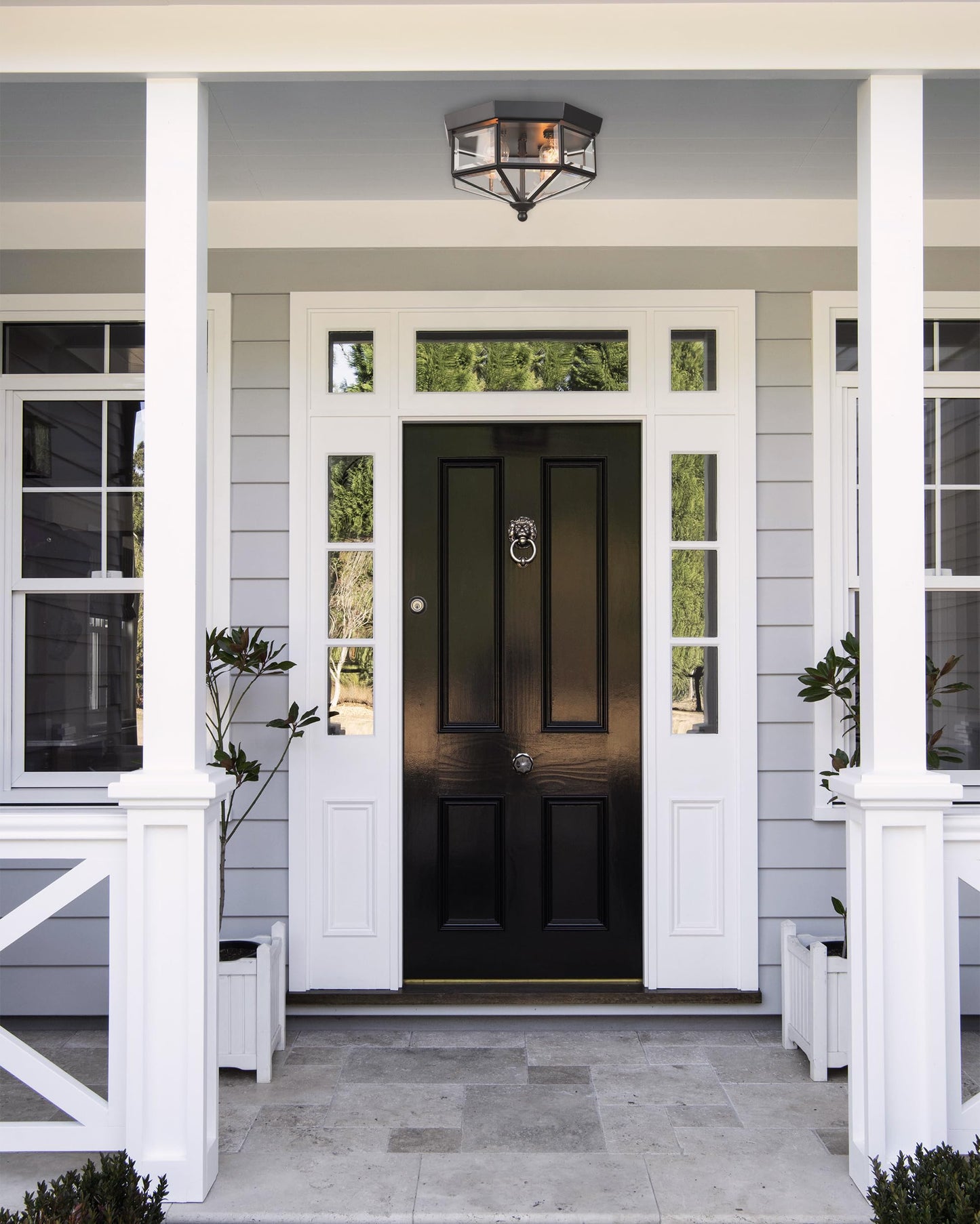 Flush Mount Outdoor Ceiling Light Fixture  4 Light Exterior Porch Ceiling Lights With Clear Glass  Black Farmhouse Lighting For Indoor Hallway Kitchen Stairway (E12 Base)