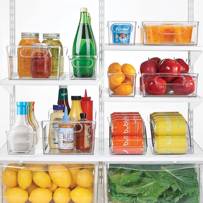 mDesign Slim Plastic Kitchen Pantry Cabinet, Fridge or Freezer Storage Bin with Handles - Organizer Containers for Fruit, Yogurt, Snacks, Pasta - 16" Long - Ligne Collection - 4 Pack - Clear