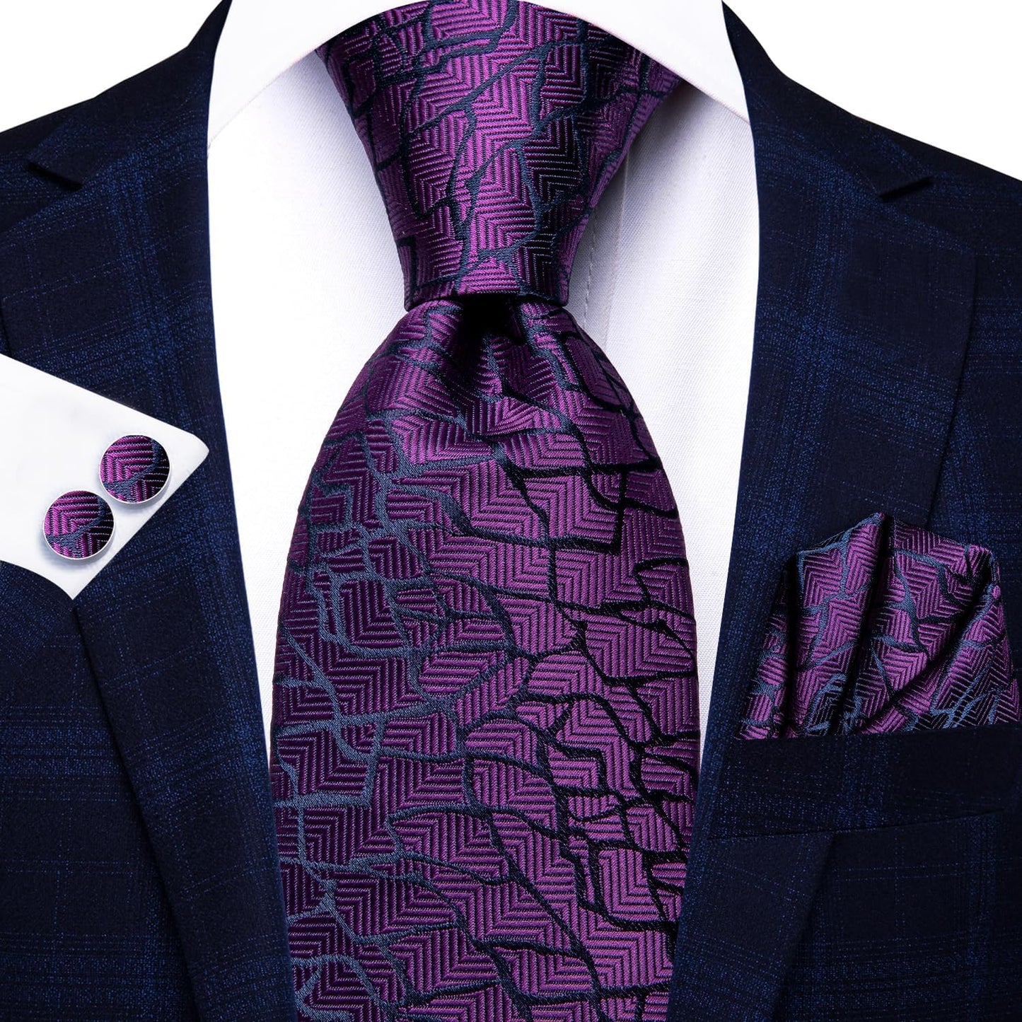 Hi-Tie Men 63inches Tie Set Extra Long Necktie Paisley Tie Pocket Suqare Cufflinks Big and Tall Men Tie