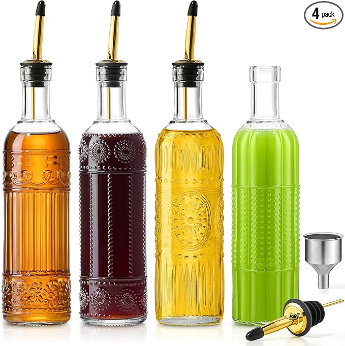 4 Pcs Olive Oil Dispenser Bottle for Kitchen,17oz Clear Glass Oil and Vinegar Dispenser Bottle Set, Classic Coffee Syrup Dispenser with 4 Stainless Steel Spouts and 1 Funnel (Style C, Gold)