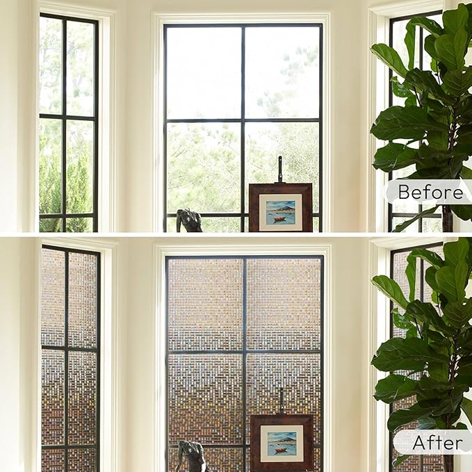 rabbitgoo Window Privacy Film Stained Glass Window Film, Mosaic Rainbow Decorative Glass Cling, Removable Static Cling Tint, Non-Adhesive Privacy Covering for Home, Brown, 35.4 x 118.1 inches