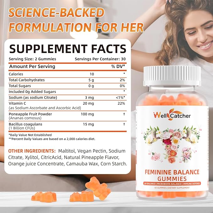 Premium Feminine Balance Gummies for Women - Hawaiian Pineapple Probiotic Gummies for pH Balance Vaginal Health & Immune Support Vegan, Gluten-Free Sugar-Free Pineapple Flavor 60 Count