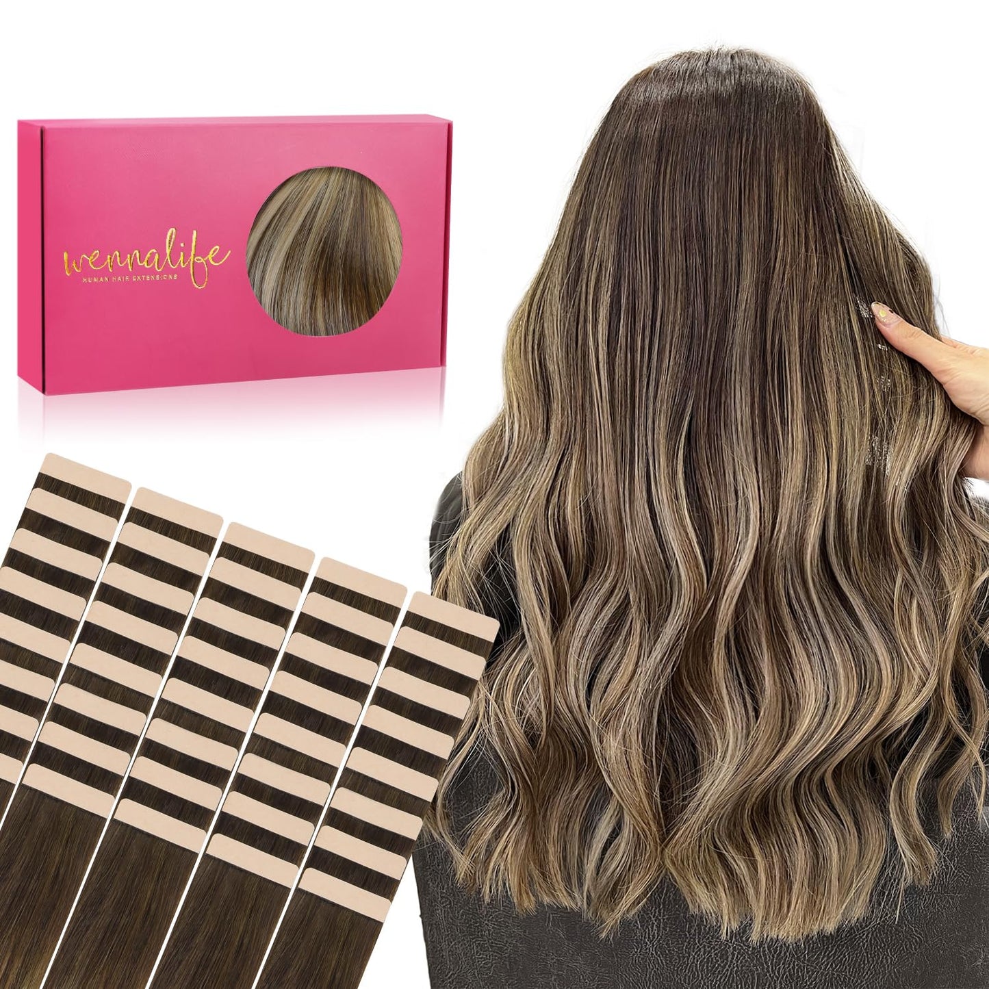 WENNALIFE Tape-in Hair Extensions, 40pcs 100g 14 inch Balayage Chocolate Brown to Honey Blonde, Reusable Real Human Hair Straigh